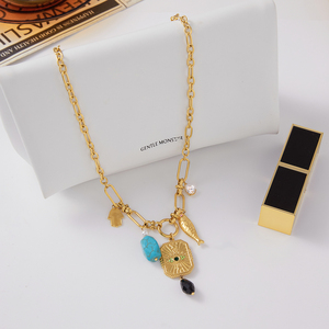 JD Vintage 18K oro Acero inoxidable collar malaquita verde Rhinestone Ojo del diablo cuadrado azul lapislázuli perla colgante collar - Product Image 5