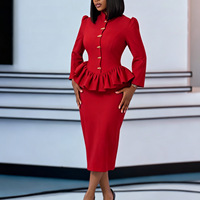 Ensemble deux pièces jupe et haut à col montant et taille froncée D646 – Tenue de bureau élégante pour femme, costume professionnel à manches longues