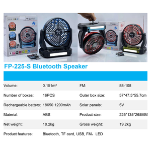 Factory Multifunctional Solar BT5.0 Speaker Fan 5W Output 1200mAh Rechargeable FM Radio LED Light Outdoor Camping Speaker - Product Image 2