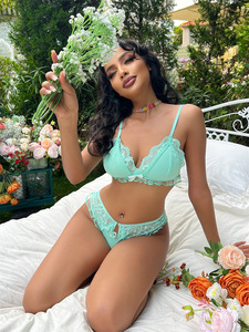 Grüne Spitze Blumenmuster Neuheit Rüschenrand Volants Reife Damen Frauen Nachtwäsche Sexy Unterwäsche Heiße Dessous 2er-Pack Set für Mädchen - Product Image 4