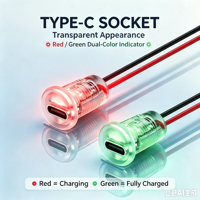 Conector Hembra de Carga con Indicador LED de Doble Color Rojo y Verde LN-006, Tipo-C Transparente para Montaje en Panel, con Cable