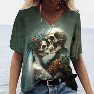 Nouveau T-shirt imprimé à manches courtes en laine respirante 3D avec motif de crâne gothique d'horreur d'été pour femmes et enfants, hauts tendance pour filles, tee-shirt cool - Product Image 6