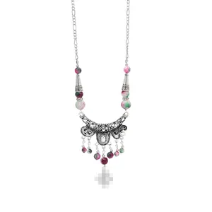 Ethnische Silber legierung Rosa Perle Quaste Baumwolle Seil Halskette für Frauen Mädchen