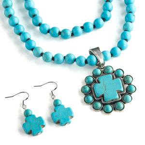 เครื่องประดับแฟชั่นโบฮีเมียนผู้หญิง8mm ทำด้วยมือ2ชั้นสร้อยคอต่างหูข้ามเสน่ห์ชุดเครื่องประดับ - Product Image 5