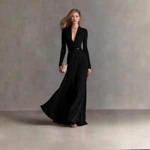 Robe élégante pour femme à manches longues, couleur unie texturée, col en V, taille haute, Nouvelle collection Printemps-Automne 2026, pour le marché transfrontalier Europe-États-<span class=keywords><strong>Unis</strong></span> - Product Image 4