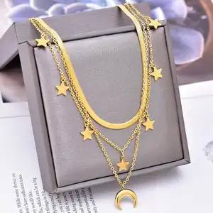 INS Trendy Layered 18K Gold Choker Necklace Chunky Titanium Steel Star and Moon Pendant Necklace Dubai Gold Jewelry for Women