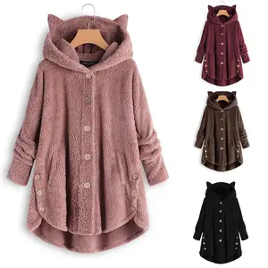 S-5XL Warna Gadis Lembut Berbulu Kucing Telinga Berkerudung Besar Polyester Bulu Pullover Fashion Wanita