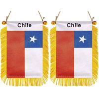 Drapeau suspendu pour fenêtre du Chili, mini-drapeaux de voiture, bannières décoratives pour rétroviseur avec ventouse et bannière à franges dorées