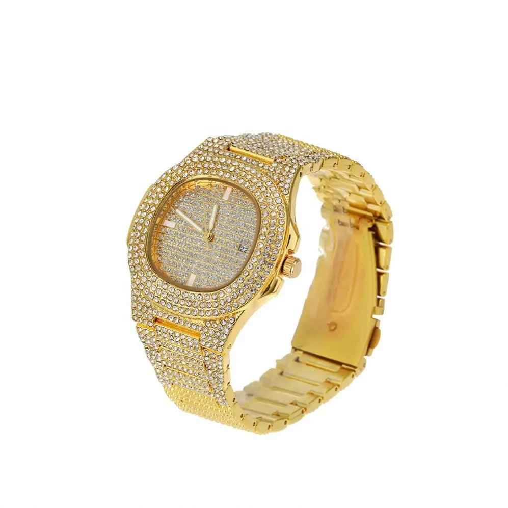 Reloj de cuarzo delgado de acero inoxidable para hombre y mujer, pulsera de cuarzo con diamantes de imitación de cristal brillante, estilo Hip hop, venta al por mayor