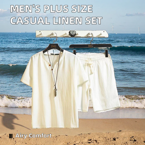 Conjunto Deportivo Informal de Dos Piezas para Hombre, Talla Grande, de Algodón y Lino, Transpirable, Camiseta con Cuello en V y Pantalones Cortos de Manga Corta para Verano - Product Image 3