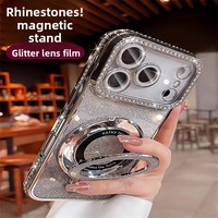 Coque de téléphone en TPU électroplaqué avec support magnétique à strass scintillants pour iPhone 17 Pro Max / Film de protection d'objectif / 16