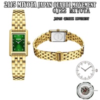 Montre de luxe personnalisée pour femme, cadran carré vert avec chiffres arabes, plaqué or, acier inoxydable, quartz, OEM
