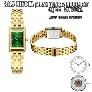 Montre-bracelet de luxe pour femme en acier inoxydable avec cadran arabe carré vert élégant, mouvement à quartz, personnalisable avec nom en or - Product Image 3