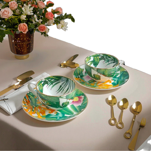 Services à café et à thé en porcelaine fine, accessoires de cuisine, tasses à café vintage avec bordure dorée et plateau de service - Product Image 2