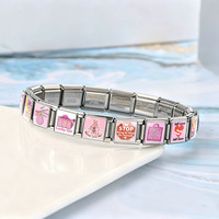 Bracelet modulaire en acier inoxydable fait main avec motif carré rose, puzzle DIY, cadeau pour enfants, fabriqué à Guangzhou
