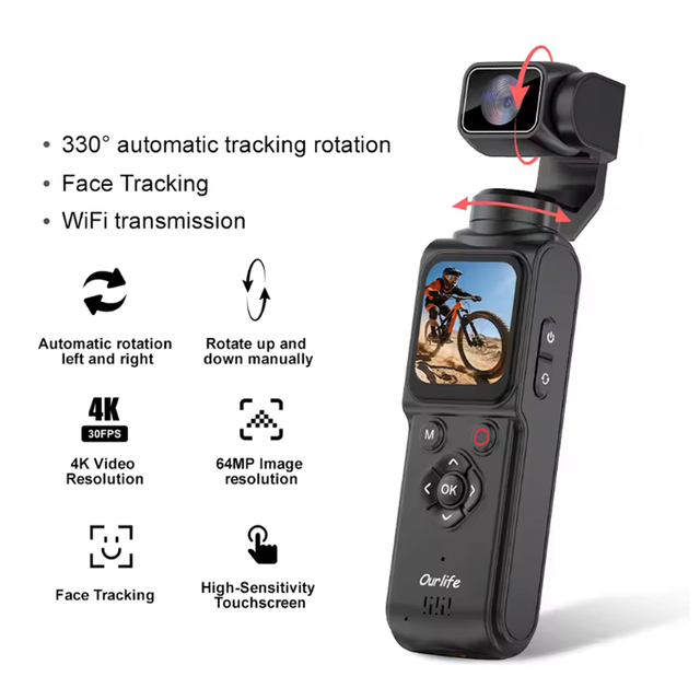 Action Camera 4K 30FPS  1.72 Inch Touch Screen Intelligent Face Tracking Handheld Gimbal Vlogging 330° Lens Rotation Digital Cam