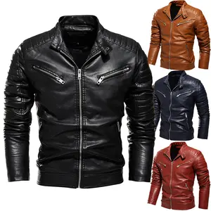 Wholesale New Men's PU Leather Jacket Solid Color Biker Clothes Plus Velvet Men's Jackets