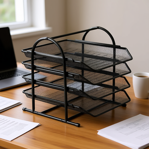 Organisateur de bureau en maille noire à 4 niveaux, porte-documents empilable, plateau de rangement pour documents de format lettre A4, utilisation au bureau - Product Image 2