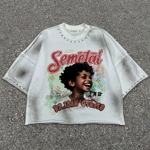 Chemises imprimées Vintage Dtg T-shirt Boxy en strass personnalisé Fabricant Streetwear Lavage à l'acide T-shirts graphiques surdimensionnés pour hommes - Product Image 1