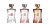 Flacon de parfum en verre facetté avec bouchon décoratif, emballage de parfum transparent rose ambre pour marque privée