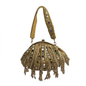 <b>Gold</b> Shell Metal Evening <b>Bag</b> Diamond Lattice Beading Pearl Shoulder Clutch - Product Image 1