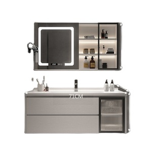 New solid wood smart bathroom cabinet hanging bathroom cabinet double door single <b>drawer</b> with LED light - Product Image 1