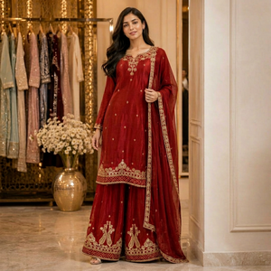 Vestido Tradicional Indio-Pakistaní Salwar Kameez de NiMa Creations con Bordado Floral Rojo para Mujer, con Dupatta de Secado Rápido para Bodas y Fiestas - Product Image 1