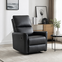 Fauteuil inclinable moderne en cuir noir avec structure en bois, accoudoirs incurvés réglables manuellement, fauteuil de salon