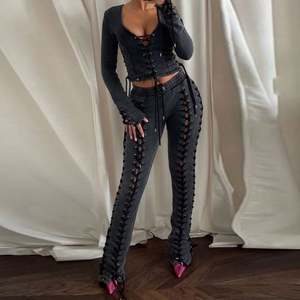 Conjunto de chándal con logotipo bordado personalizado, ajustado con cordón, rosa, conjunto de 2 piezas, conjunto de dos piezas sexy, ropa de mujer - Product Image 3