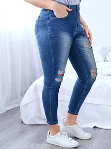 Talla grande azul oscuro elástico de cintura media pies rasgados mallas largas lápiz pantalones vaqueros de mezclilla buena calidad Venta caliente Casual Skinny - Product Image 4