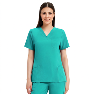 Haut de blouse médicale pour femme, col en V, noir, coton et polyester, tissé, uniforme d'hôpital, avec poches - Product Image 2