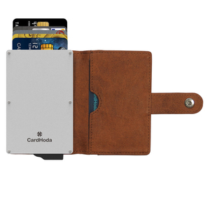 Tarjetero de Aluminio CardHoda, Cartera Corta con Bloqueo RFID de Cuero Genuino, Cierre a Presión Minimalista Unisex, Color Marrón - Product Image 1