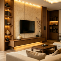 Meuble TV flottant en bois massif avec éclairage LED chaud, combinaison minimaliste style Song de meuble TV et table basse pour salon