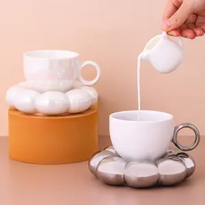 Wholesale 200ml Splash Ink Women Ins Coloful Ceramic Coffee Milk Water Cup Mug With Flower Shape Saucer
