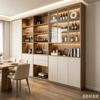 Armoire à vin murale intégrée en chêne massif de couleur neutre avec vitrine de rangement dissimulée pour la décoration intérieure résidentielle