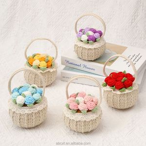 Decoración de Escritorio para el Hogar, Regalos Hechos a Mano, Mini Flor Artificial, Cesta de Flores de Rosa de Ganchillo - Product Image 2