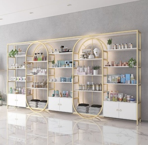 Precio al por mayor <span class=keywords><strong>Barber</strong></span>ía Salón de belleza tienda Gabinete de almacenamiento Estante de exhibición Estante de piso de madera de hierro con LED - Product Image 2