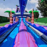 Toboggan aquatique gonflable commercial à double piste avec longue glissière, toboggan aquatique tropical palmier avec piscine, aire de jeux extérieure