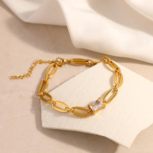 Fashion Chain Link <b>Bracelet</b> <b>Set</b> 18k Gold Plated Zinc Alloy Geometric Oval Rings Bezel Setting For Women Jewelry Accessory - Product Image 4