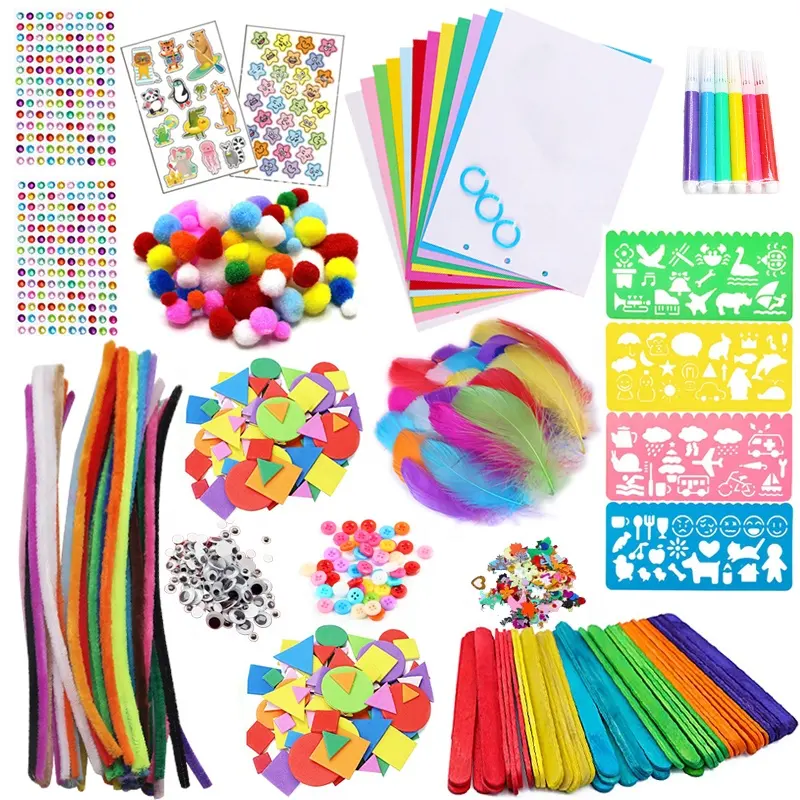 Limpiadores de pipas coloridos, Kit artesanal, paletas de peluche, pompones, pegatinas, suministros de artes DIY, juguete educativo Montessori para niños