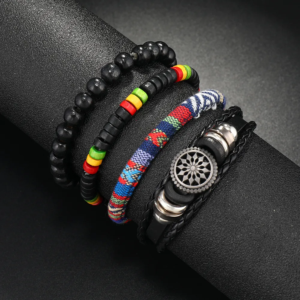 Conjunto de pulseiras de couro da moda masculina pulseira de personalidade multicamadas com flores coloridas e miçangas para o dia a dia