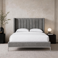 Maßgefertigtes Modernes Designer-Lederbett mit Vertikalen Kanälen für Luxushotels mit Metallgestell und Anpassbarem Kopfteil