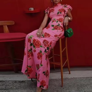 King Mcgreen Star nouvelles femmes élégantes à volants à manches courtes fleurs <span class=keywords><strong>Robe</strong></span> de soirée mince hanche paquet femme <span class=keywords><strong>Cheongsam</strong></span> Maxi robes <span class=keywords><strong>Robe</strong></span> - Product Image 2