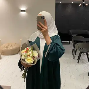 2023 Design Eid Dubai Turkish Islamic Elegant Modest Custom Women Muslim Dress Abaya Crystal Tassel Satin Silk Open Kaftan Abaya