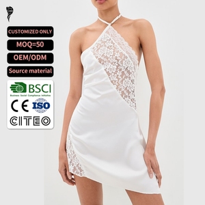 New Design Custom Lace Panel <b>Halter</b> Satin Mini <b>Dress</b> <b>Backless</b> Asymmetric Hem Slip <b>Dress</b> for Women - Product Image 1