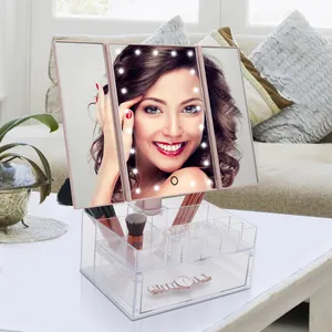 customized professional makeup led lighted vanity mirror with acrylic cosmetic organizer storage box