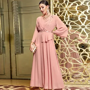 Gaun panjang Muslim Timur Tengah, pakaian Muslim berlian imitasi merah muda sifon, gaun malam untuk wanita