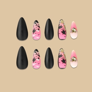 Diseño de patrones de tema tropical de moda refinado Prensa mixta en <span class=keywords><strong>uñas</strong></span> <span class=keywords><strong>Rosa</strong></span> almendra mediana <span class=keywords><strong>y</strong></span> negra - Product Image 2