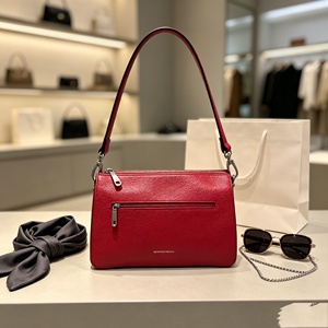 Women Red Grain Leather <b>Underarm</b> <b>Bag</b> Zip Closure Detachable Strap Daily Casual Crossbody Purse - Product Image 5