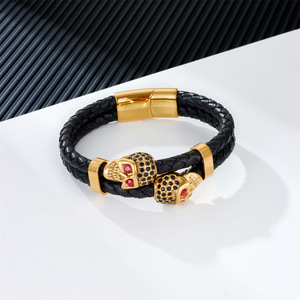 Bracciale europeo americano da uomo in acciaio inossidabile con teschio personalizzato in pelle di primo strato in pelle intrecciata con <span class=keywords><strong>pietra</strong></span> principale diamantata - Product Image 5